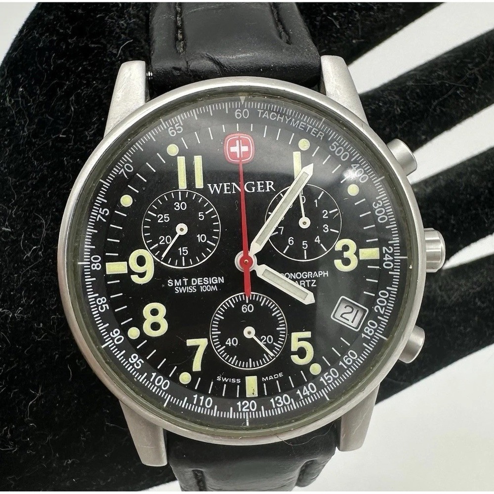 Vintage WENGER Commando Chrono SMT Design 536.0765 Black Men's Watch Black Band